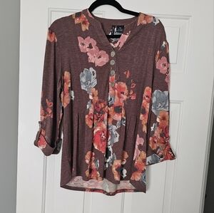 New Directions Floral Button-Up Blouse Burgundy and Pink Size PXL